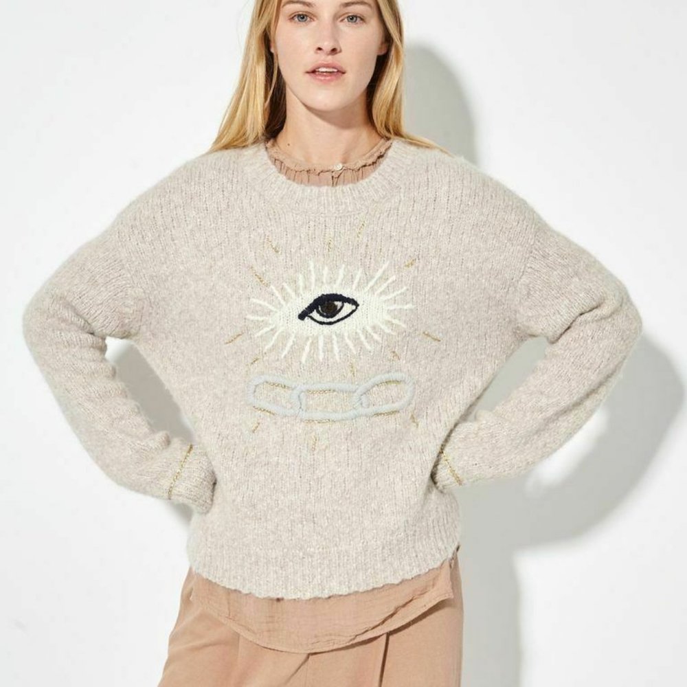 RAQUEL ALLEGRA ALPACA EMBROIDERED EYE LOVE SWEATER IN OATMEAL 1 OR S